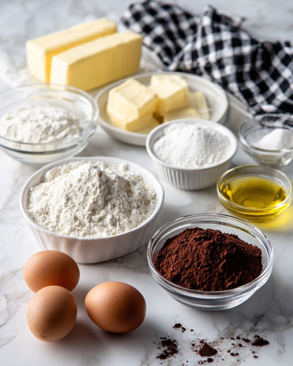 The image shows several clear and white bowls on a white marbled surface, each containing different baking ingredients arranged neatly. From the front left, there is a white bowl filled with flour, next to it two brown eggs lie on the surface; a small white bowl with white powder, and a small clear bowl with dark brown powder, likely cocoa. Behind these are bowls and containers with white sugar, a stick of yellow butter, a small glass of yellow cooking oil, a tiny glass of white liquid, and a glass bowl filled with white flour. A black and white checkered cloth is in the upper right corner of the image. Photo taken with an iphone --ar 4:5 --v 7