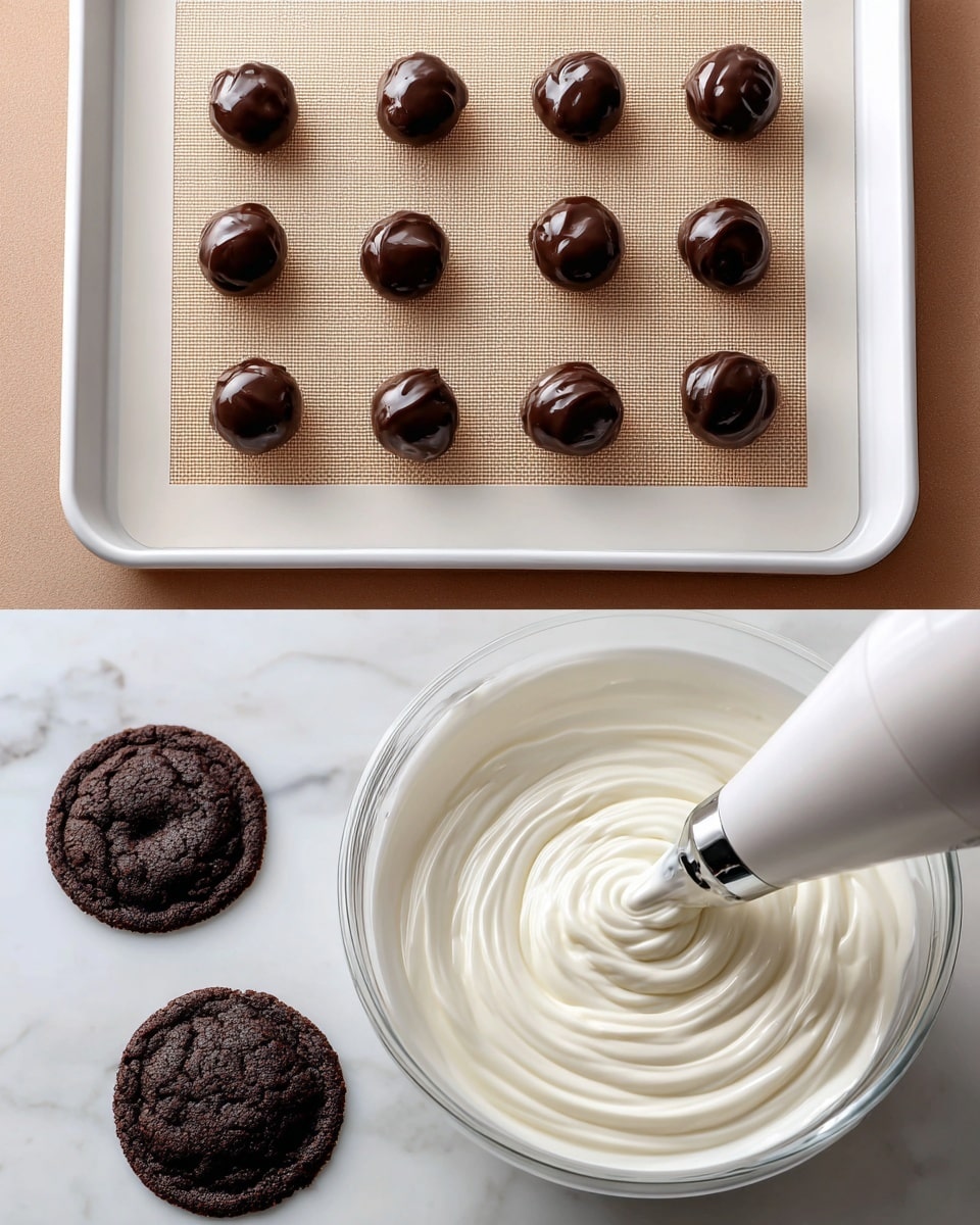 The image shows two parts: the top part has a white baking tray with nine small dark brown cookie dough balls placed in three rows on a beige silicone baking mat, each dough ball with a smooth, shiny texture. The bottom part shows three dark brown baked cookie bases on a white marbled surface next to a white bowl full of thick white cream and a white piping bag with a metal tip, a swirl of cream is being piped onto one of the cookies in a round spiral shape that stands slightly tall with a smooth texture. photo taken with an iphone --ar 4:5 --v 7