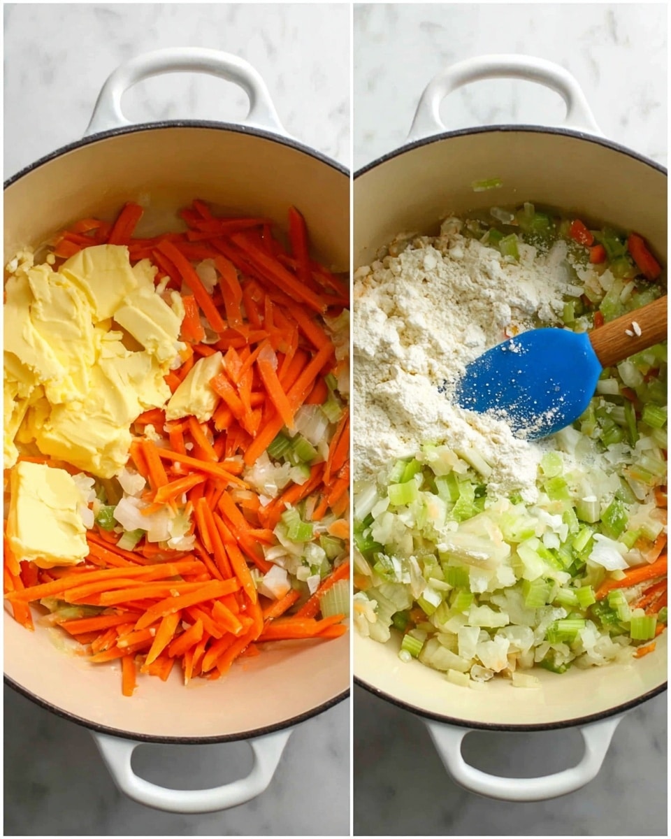 The first image shows a white pot filled with three layers: a chunk of yellow butter on the left side, thin orange carrot sticks spread across the bottom left and center, and small chopped pieces of white onion and light green celery filling the right side and bottom right. The second image shows the same white pot with the ingredients mixed with a white powder, likely flour, spread unevenly on top of the vegetables, while a blue spatula is stirring the mixture. The pot sits on a white marbled surface. photo taken with an iphone --ar 4:5 --v 7