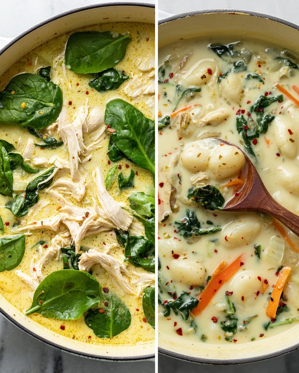 The image shows two close-up shots of creamy soup in a white pot on a white marbled surface. The left side has a soup with light yellow creamy broth, layered with shredded white chicken pieces on top, and fresh dark green spinach leaves scattered around. A wooden spoon is resting in the soup, partly covered by spinach leaves. The right side displays a thick creamy soup with more visible ingredients, including white gnocchi or dumplings, bright orange carrot slivers, dark green spinach leaves, and some black pepper and red chili flakes sprinkled on the surface. A wooden spoon is dipping into the soup, lifting some of the gnocchi and spinach. The soups look rich and creamy with fresh green and light orange colors. photo taken with an iphone --ar 4:5 --v 7