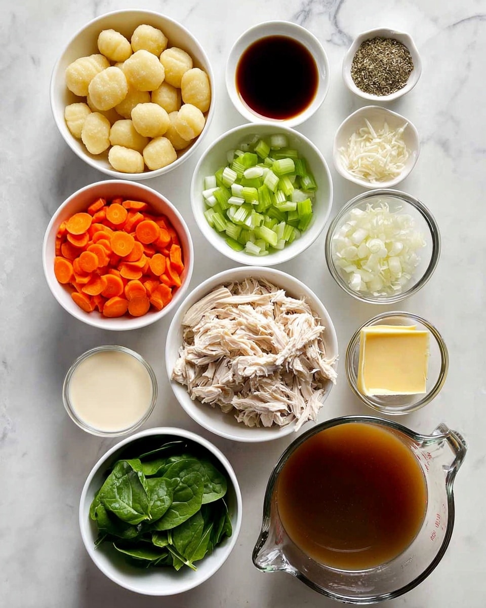 The image shows several white bowls and a glass measuring cup arranged neatly on a white marbled surface, each filled with different ingredients. Starting from the top left, there is a bowl of uncooked gnocchi with a pale yellow color and smooth texture, next to it a small bowl of dark brown soy sauce, a bowl of minced garlic, and a bowl of dried herbs. Below them, a bowl of chopped celery with a bright green color and crisp texture, a glass measuring cup filled with creamy white liquid, a bowl of diced white onions, and a small bowl with a square piece of yellow butter. In the center, there is a bowl filled with shredded cooked chicken that is pale in color and fibrous in texture. On the left side below the gnocchi, there is a bowl of thinly sliced orange carrots, and at the bottom left, a bowl filled with fresh green spinach leaves. On the bottom right, a large glass measuring cup holds brown broth. The ingredients are all placed with clear spacing between bowls, showcasing their vibrant natural colors. Photo taken with an iphone --ar 4:5 --v 7