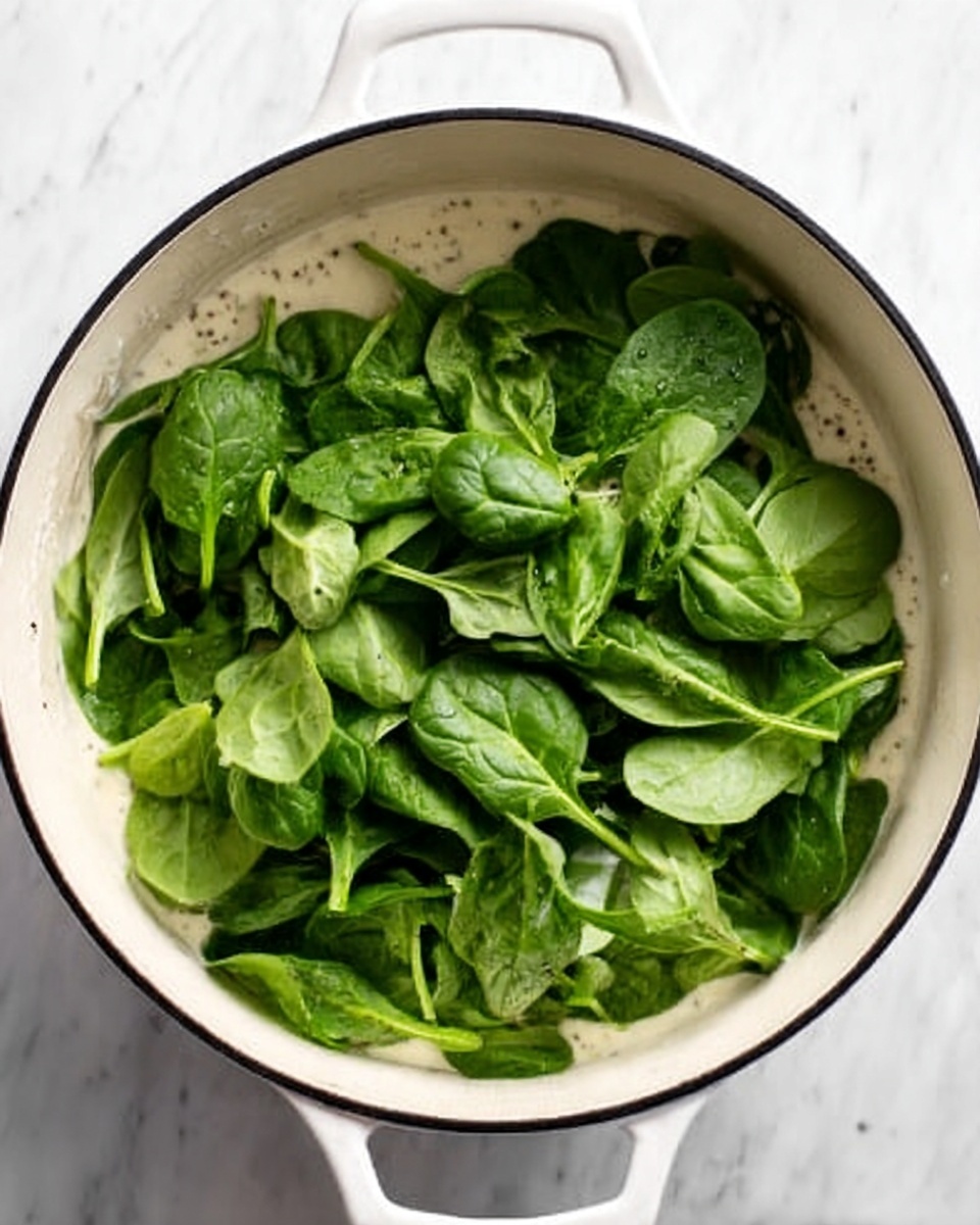 The image shows a white pot filled with fresh spinach leaves piled high, with their dark green color and smooth texture clearly visible. The spinach covers most of the creamy white sauce at the bottom of the pot, which is speckled with tiny black seasoning spots. The pot is resting on a white marbled surface, and the overall look is fresh and vibrant, emphasizing the contrast between the creamy base and the bright green spinach. photo taken with an iphone --ar 4:5 --v 7