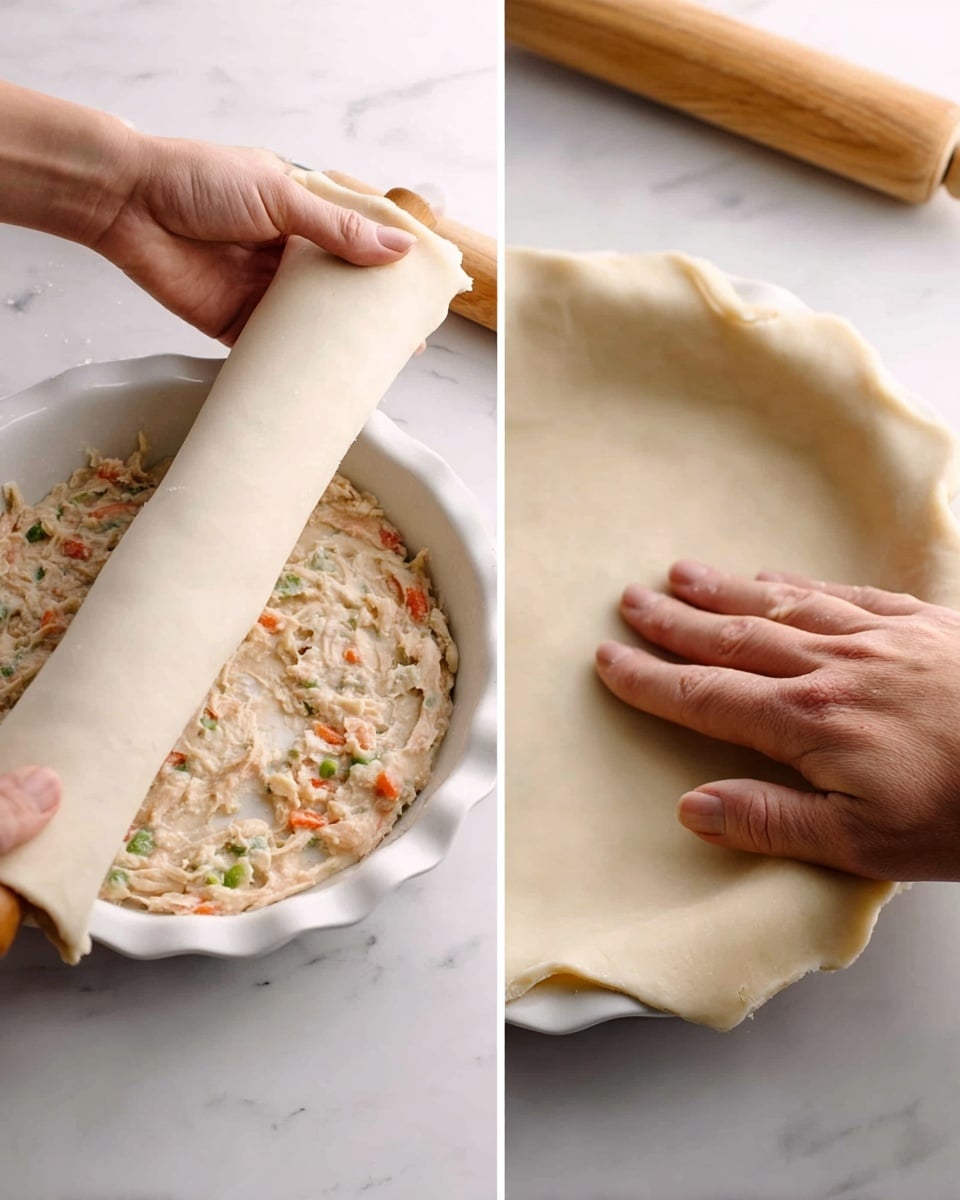 The image shows two steps of making a pie on a white marbled surface. On the left side, a white dough layer is being rolled over a white pie dish filled with a mix of light brown and orange filling, with some small green bits visible. The dough is thin and smooth, covering the filling without breaking, and a wooden rolling pin is partly visible being held by a woman's hand. On the right side, a close-up shows two pairs of fingers pressing and sealing the edge of the pie dough around the rim of the white pie dish, the dough is soft and light beige. Photo taken with an iphone --ar 4:5 --v 7