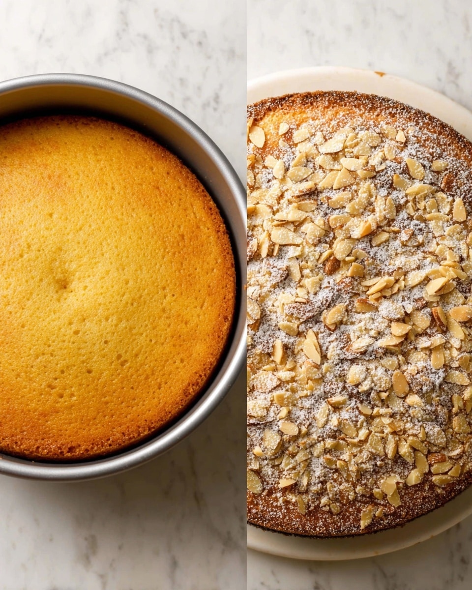 The image shows a two-step view of a round cake. On the left, the cake is still in the pan, with a smooth, evenly baked golden brown top layer that looks soft and slightly domed. On the right, the cake is out of the pan placed on a white marbled surface and topped with a crunchy layer covered with sliced almonds and a light dusting of powdered sugar, giving it a textured, golden appearance with some darker spots. The contrast between the smooth baked cake layer and the crunchy almond topping layer is clear. photo taken with an iphone --ar 4:5 --v 7