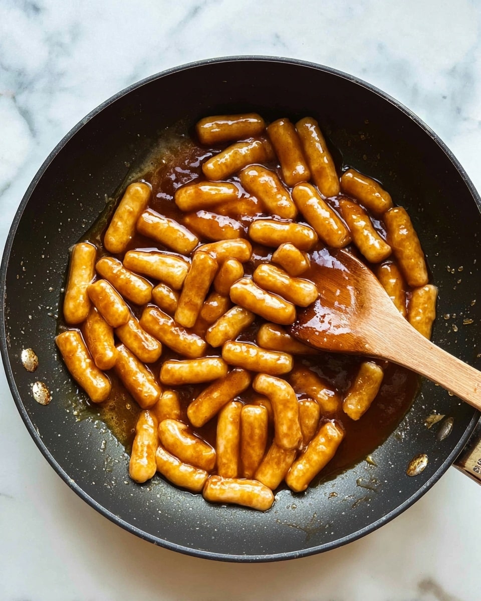 In a black frying pan on a white marbled surface, there are many small, thick, cylindrical rice cakes coated in a shiny brown sauce. A wooden spoon is resting on top of the rice cakes, mixing them in the pan. The sauce looks thick with a smooth texture, covering all the rice cakes evenly. The lighting highlights the glossy surface of the sauce and the soft texture of the rice cakes. photo taken with an iphone --ar 4:5 --v 7