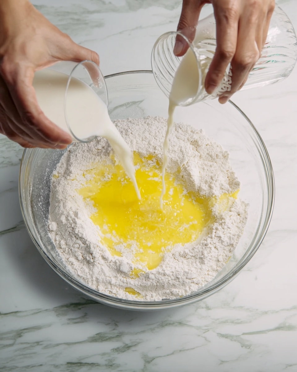 A clear glass bowl filled with a large amount of white flour forms the base layer. On top of the flour, there is a pool of yellow beaten eggs in the center. Two streams of liquid are being poured into the bowl at the same time by two woman's hands; one is clear water, and the other is white milk. The bowl is placed on a surface with a white marbled texture. Photo taken with an iphone --ar 4:5 --v 7