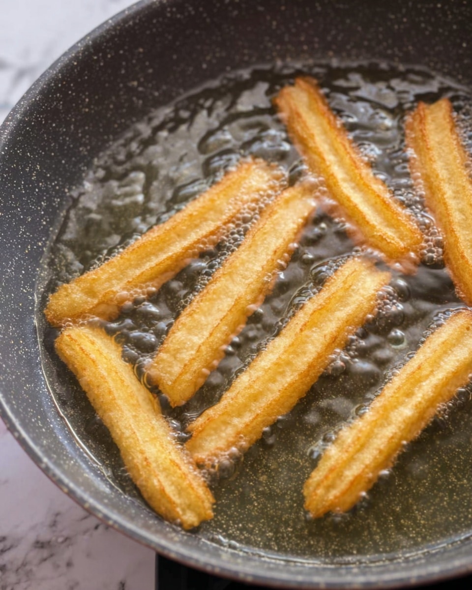 The image shows six light golden yellow fried churros frying in clear hot oil inside a gray frying pan. The churros have a rough, ridged texture and are partly submerged in tiny bubbling oil. The gray pan has a speckled surface and fills most of the frame, with the cooking area viewed from above at a slight angle. The frying oil has a shiny, reflective surface with small oil bubbles swirling around the churros. The background shows a white marbled texture. photo taken with an iphone --ar 4:5 --v 7