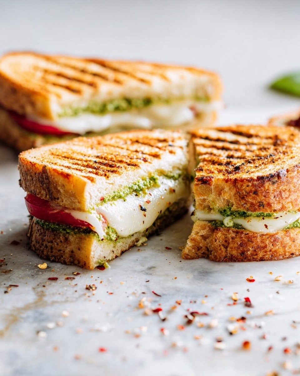 The image shows a grilled sandwich cut in half, with two thick slices of toasted bread that have golden brown grill marks on top. Inside, there are several layers: a base layer of green pesto spread, a layer of thin red tomato slices, and melted white cheese that stretches between the two halves. The sandwich sits on a white marbled surface sprinkled lightly with red pepper flakes and black pepper. In the background, there is another whole sandwich slightly out of focus. The warm lighting highlights the crisp texture of the bread and the gooey cheese inside. photo taken with an iphone --ar 4:5 --v 7