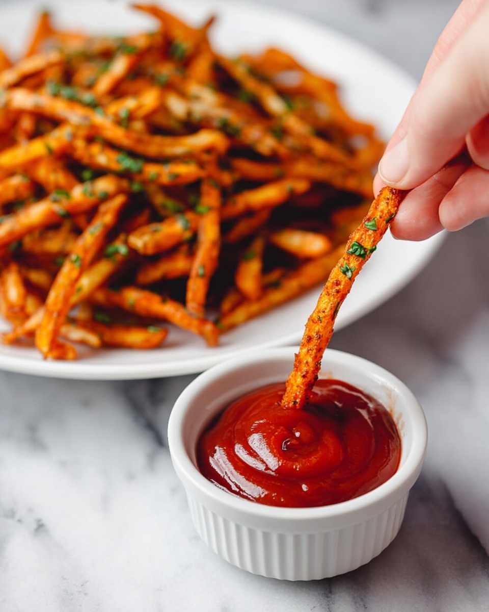 A close-up image of a thin, orange-brown fried fry covered with green herbs being dipped by a woman's hand into bright red ketchup inside a small white bowl filled with smooth ketchup. Behind, there is a larger white plate filled with many more fries all showing a crispy texture and sprinkled with herbs. Everything is set on a white marbled surface, showing a clean and bright background. photo taken with an iphone --ar 4:5 --v 7