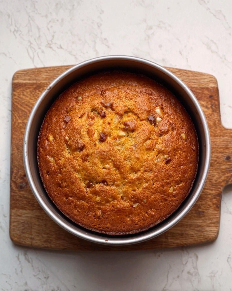 A golden brown cake sits inside a round silver springform pan placed on a wooden cutting board. The cake top is slightly cracked with a textured, baked surface showing small bits of fruit or nuts embedded throughout. The background is a white marbled surface. Photo taken with an iphone --ar 4:5 --v 7