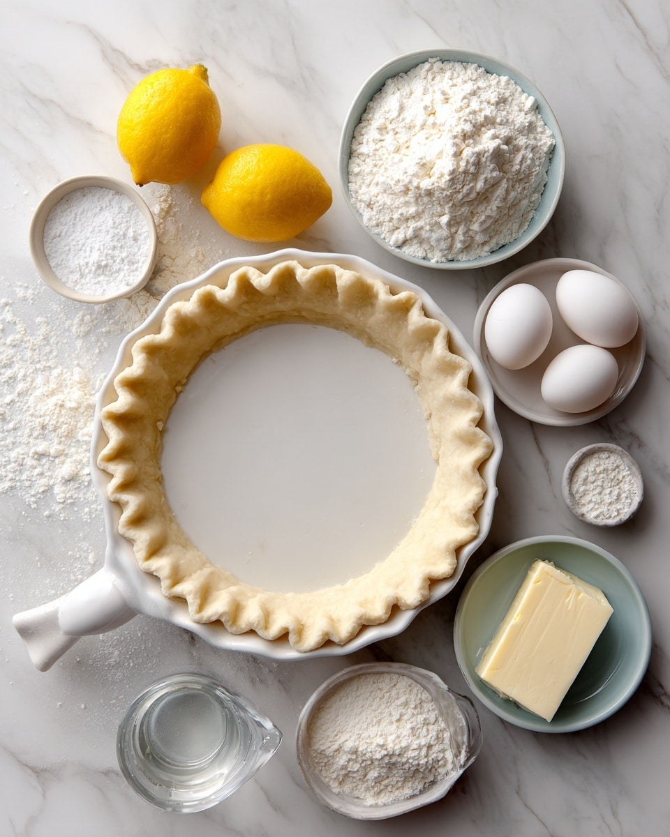 The image shows a white pie crust in a white pie pan placed on a white marbled surface. Around the pie are small white and light blue bowls holding ingredients: one with four white eggs, one with white sugar, one with flour, one with baking powder, and one with cornstarch. Two whole yellow lemons, a small dish with a rectangular piece of butter, a glass measuring cup with clear water, and a small glass bowl with a white powder are also spread around the pie pan. The setup is neat and bright, with all items evenly spaced. photo taken with an iphone --ar 4:5 --v 7