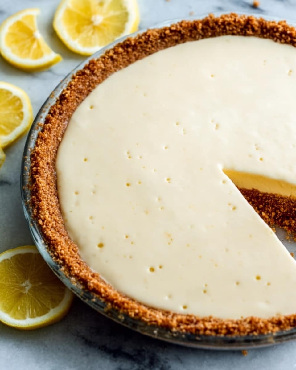 A close-up of a pie with two visible layers: the bottom layer is a thick, crumbly brown crust forming a strong border around the edge, and the top layer is a smooth, light creamy filling with tiny bubbles on the surface. The pie sits in a clear glass dish on a white marbled surface. Around the pie, there are cut lemon halves placed casually. The overall look is fresh and inviting. photo taken with an iphone --ar 4:5 --v 7