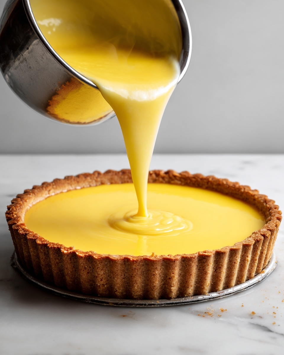 A shallow round tart pan with a golden brown crust holds a smooth, bright yellow custard being poured from a shiny silver pot. The crust has a slightly ridged edge, and the vibrant custard fills the pan with a thick but flowing texture. Steam rises gently from the top, showing it's warm. The whole scene is set on a white marbled surface with a plain black background, focusing on the pouring action and the fresh tart base. Photo taken with an iphone --ar 4:5 --v 7