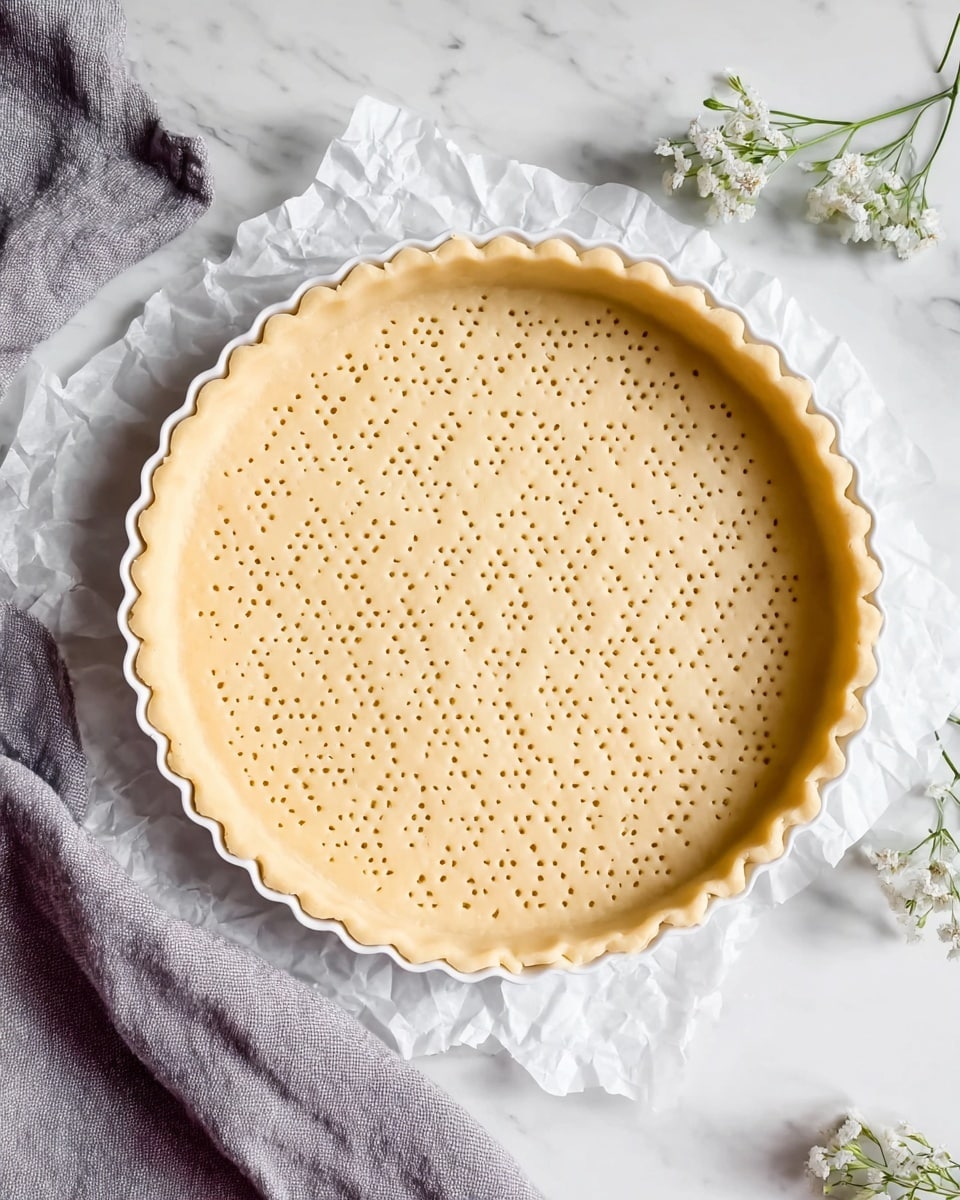 The image shows a pale beige pie crust inside a white fluted tart pan. The crust has a pattern of small holes arranged in diamond shapes across its flat surface. The edge of the crust is scalloped and raised, fitting snugly into the pan. The pan sits on crinkled white parchment paper over a white marbled surface with a grey cloth and small white flowers nearby. Photo taken with an iphone --ar 4:5 --v 7