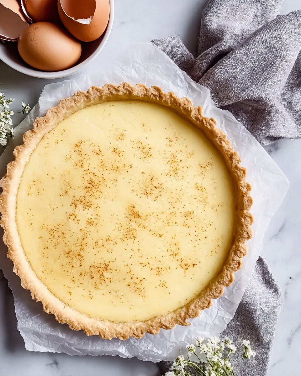The image shows a single-layer pie with a smooth, creamy yellow filling that has light brown specks sprinkled evenly on top. The pie has a light-colored, crimped crust around the edges. It sits on white parchment paper on a white marbled surface. To the upper left side, there is a small white bowl filled with several brown eggshell halves. A folded gray cloth napkin is placed near the top right of the pie, and a small sprig of white flowers is at the bottom left corner. The photo was taken with an iphone --ar 4:5 --v 7