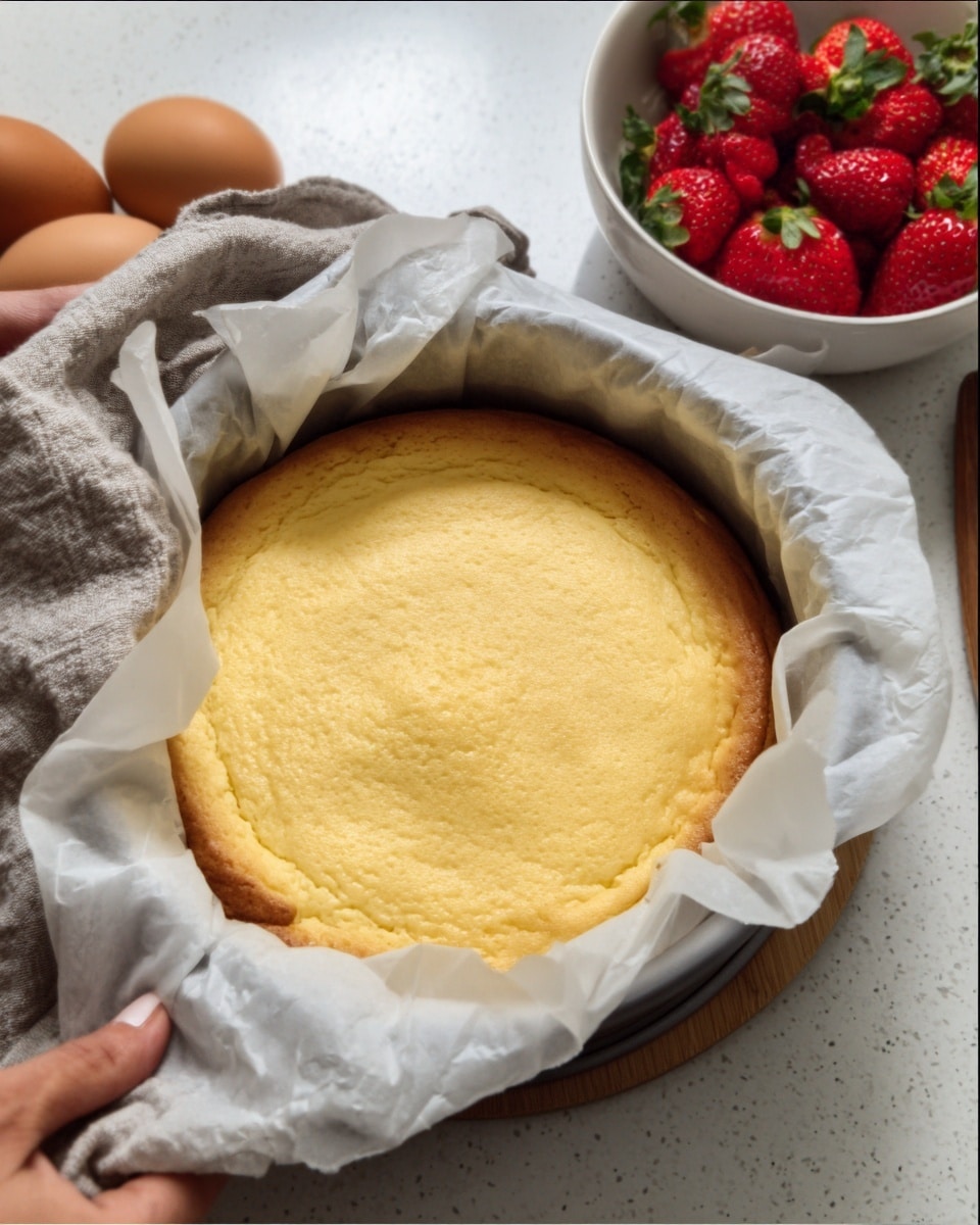 The image shows a light golden brown baked cheesecake with a smooth, slightly cracked top sitting in white parchment paper inside a round baking pan. A woman's hand, holding a kitchen towel, is gently lifting the pan by its edges. In the background, on a white marbled surface, there is a white bowl filled with bright red strawberries with green tops and two brown eggs nearby. The whole scene has a cozy and fresh kitchen feel. photo taken with an iphone --ar 4:5 --v 7