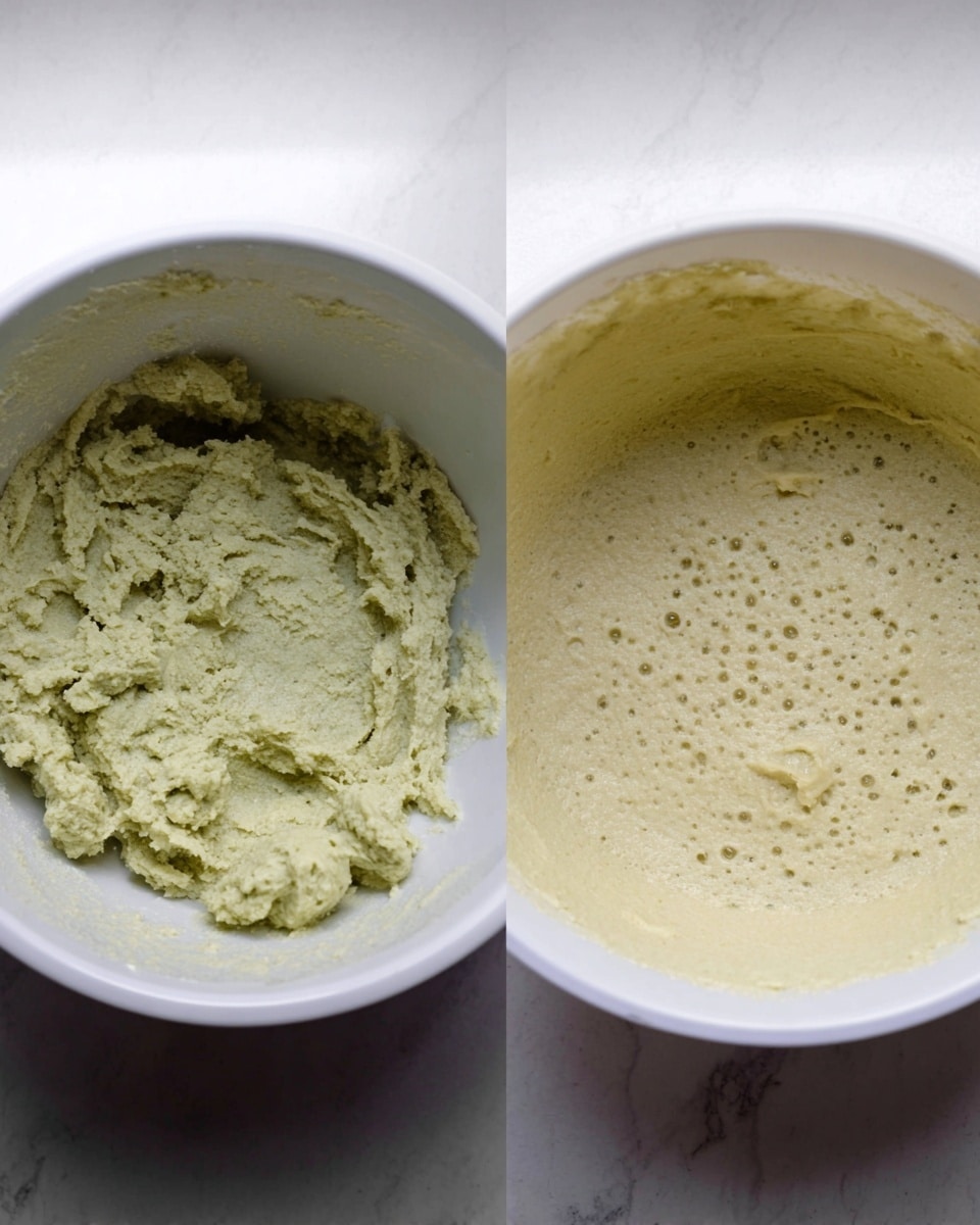 The image shows two close-up views of a light green, fluffy dough or batter inside a white bowl placed on a white marbled surface. On the left side, the dough looks thick and coarse with a crumbly texture, unevenly spread with small chunks and ridges around the bowl’s edge. On the right side, the batter is smoother and more uniform, with a spongy texture and many small air bubbles visible on the surface, creating a soft and airy look. photo taken with an iphone --ar 4:5 --v 7