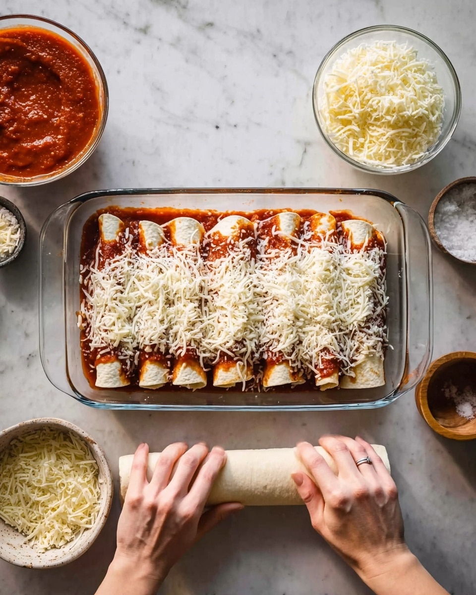 A glass rectangular baking dish sits on a white marbled surface. Inside the dish, there are seven rolled tortillas filled and lined up neatly in a single layer, covered with a thick layer of red tomato sauce and topped with shredded white cheese. A woman's hands are rolling the last tortilla over the others. Around the dish, there are four bowls: one with more red tomato sauce at the top left, one filled with shredded white cheese at the top center and top right, and one smaller bowl with some salt near the top right edge. The scene shows the baker in the middle of preparing the dish, with a clean and organized setup. photo taken with an iphone --ar 4:5 --v 7