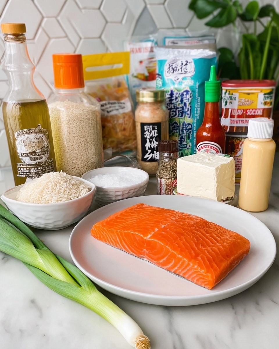 A thick, rectangular piece of fresh, bright orange salmon lies on a white plate in the front center. Behind it are various ingredients including a clear bottle of rice vinegar with an orange cap, a yellow and clear plastic bag of sushi rice, a canister of roasted black seaweed furikake with white and blue labeling, a bottle of sriracha hot chili sauce with a green cap and red sauce marks on the bottle, a squeeze bottle with light yellow mayo, a clear bottle with a light brown liquid and a small nozzle, and a small white plate holding a thick block of cream cheese. There are also small glass bowls of salt and sugar, a jar of garlic powder, and a box of black pepper. Green onions and leafy plant leaves are placed on the white marbled surface in the background, along with white hexagonal tiled wall. Photo taken with an iphone --ar 4:5 --v 7