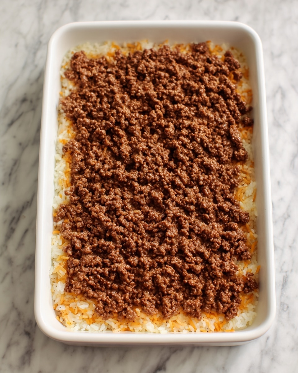 The image shows a white rectangular dish filled with two layers: the bottom layer is a mix of white and slightly orange rice visible at the edges, with the top layer covered entirely by cooked ground beef that is brown and crumbly in texture, spread evenly across the dish. The dish is placed on a white marbled surface. photo taken with an iphone --ar 4:5 --v 7