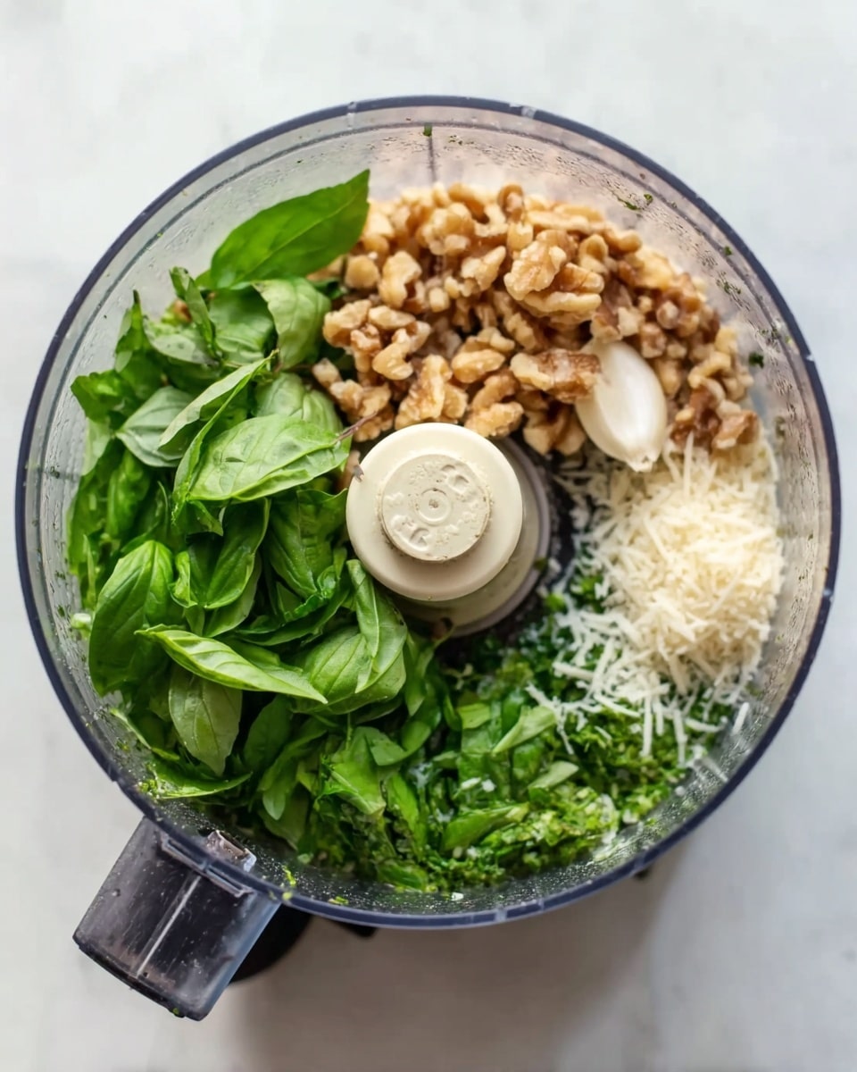 A clear food processor bowl filled with fresh bright green basil leaves on one side, light brown chopped walnuts on the opposite side, and a small pile of finely grated white cheese near the edge. A single peeled garlic clove is placed near the walnuts. The food processor blade sits in the center, visible between the layers. The bowl is on a white marbled surface. photo taken with an iphone --ar 4:5 --v 7