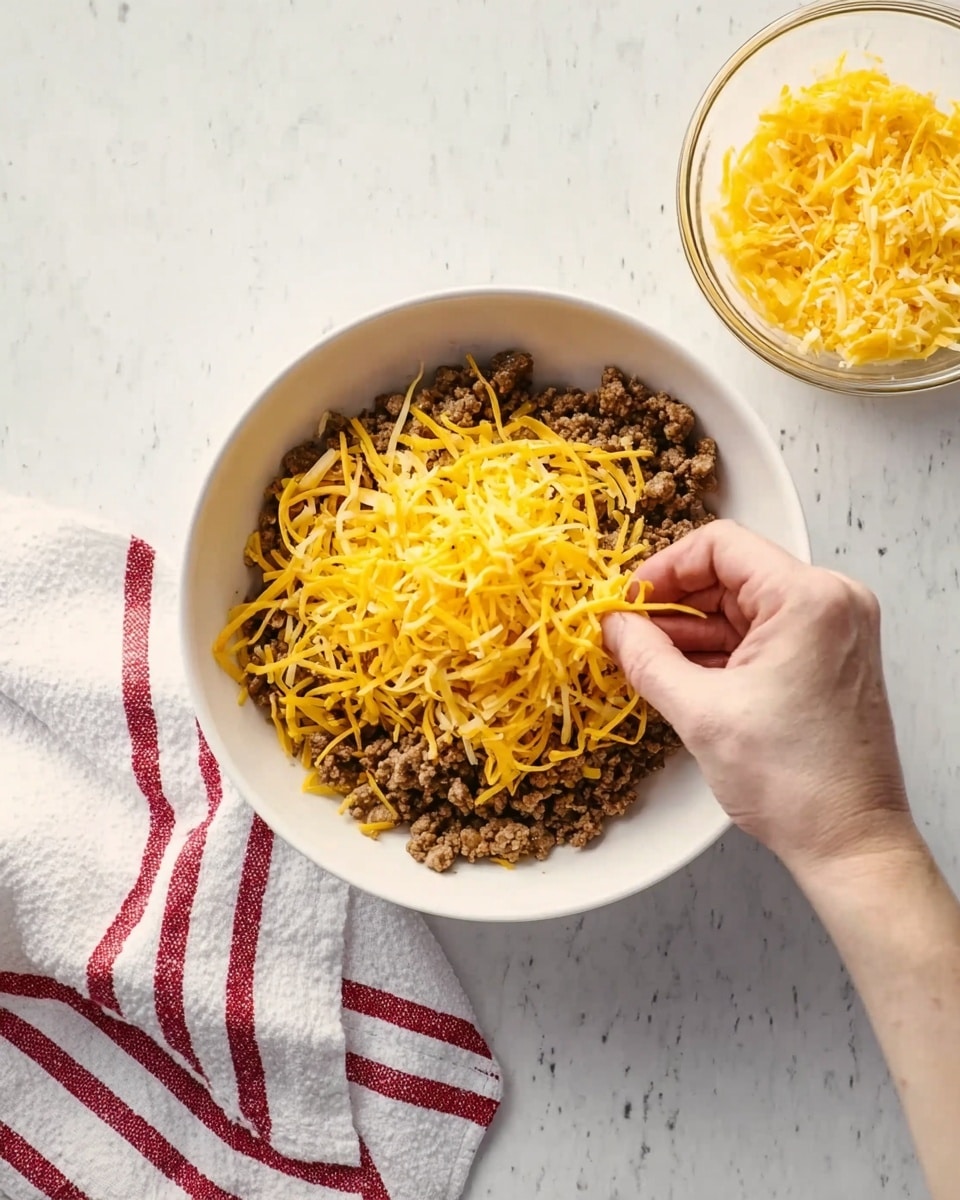 A white bowl sits on a white marbled surface next to a clear glass bowl filled with shredded yellow cheese and a red-striped white towel nearby. Inside the white bowl, there is a layer of cooked, crumbly browned meat topped partially with shredded yellow cheese. A woman's hand is pinching some shredded cheese, ready to sprinkle it over the meat layer. The scene is bright and clean with natural lighting. photo taken with an iphone --ar 4:5 --v 7
