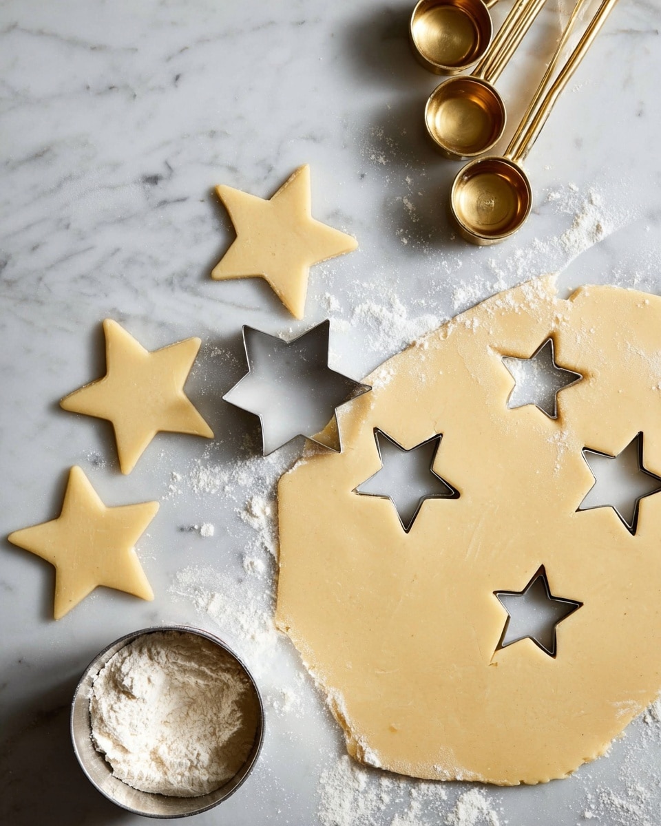 A thin layer of pale yellow dough is rolled out flat on a white marbled surface, dusted lightly with white flour around the edges. Four star shapes are cut out from the dough on the right side, with one metal star-shaped cutter placed on another star cutout on the left side. Below the dough, four star-shaped pieces of dough are placed on the marbled surface. In the top right corner, three gold measuring cups with wooden handles rest together. In the bottom left corner, a metal cup filled with flour sits on the surface. Photo taken with an iphone --ar 4:5 --v 7