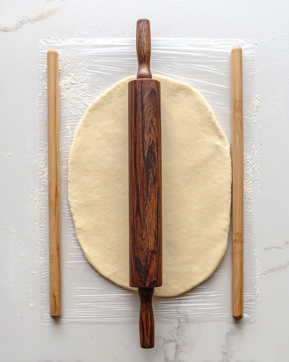 An oval-shaped dough rolled out evenly on top of a clear plastic sheet on a white marbled surface, with two light wooden sticks placed vertically on each side of the dough to guide thickness. A dark brown wooden rolling pin with visible wood grain sits horizontally over the dough, covering most of its center. Photo taken with an iphone --ar 4:5 --v 7