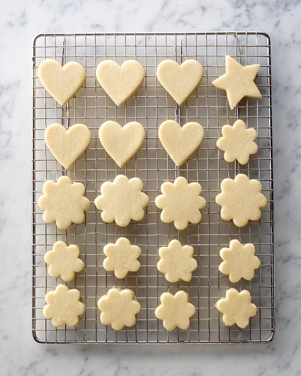 A cooling rack holds twenty soft dough cookies arranged in four rows on a white marbled surface; the first row has four heart-shaped cookies, the second row has four star-shaped cookies, the third row has four flower-shaped cookies with scalloped edges, and the fourth row repeats the heart and smaller flower shapes in alternating positions. Each cookie is pale beige, smooth, and unbaked, with clear, sharp edges showing different symmetrical shapes. The cooling rack is silver with a fine grid pattern, lifting the cookies just above the white marbled surface below. photo taken with an iphone --ar 4:5 --v 7