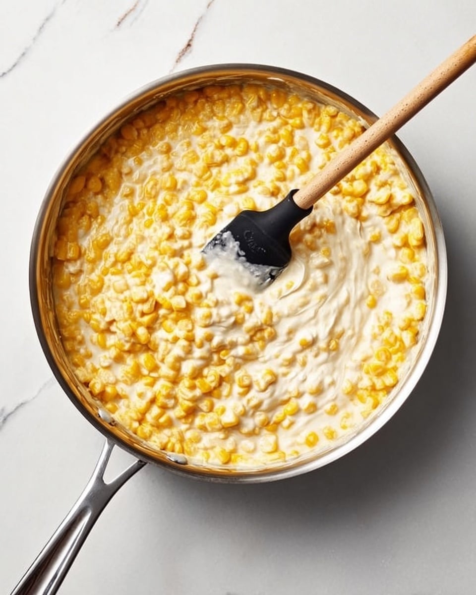 The image shows a close-up of a stainless steel pan filled with creamy corn mixture. The dish has a thick layer of yellow corn kernels mixed with a rich white cream, swirling together with soft, slightly chunky texture. A black spatula with a wooden handle is stirring the mixture in the pan. The pan is placed on a white marbled surface. photo taken with an iphone --ar 4:5 --v 7