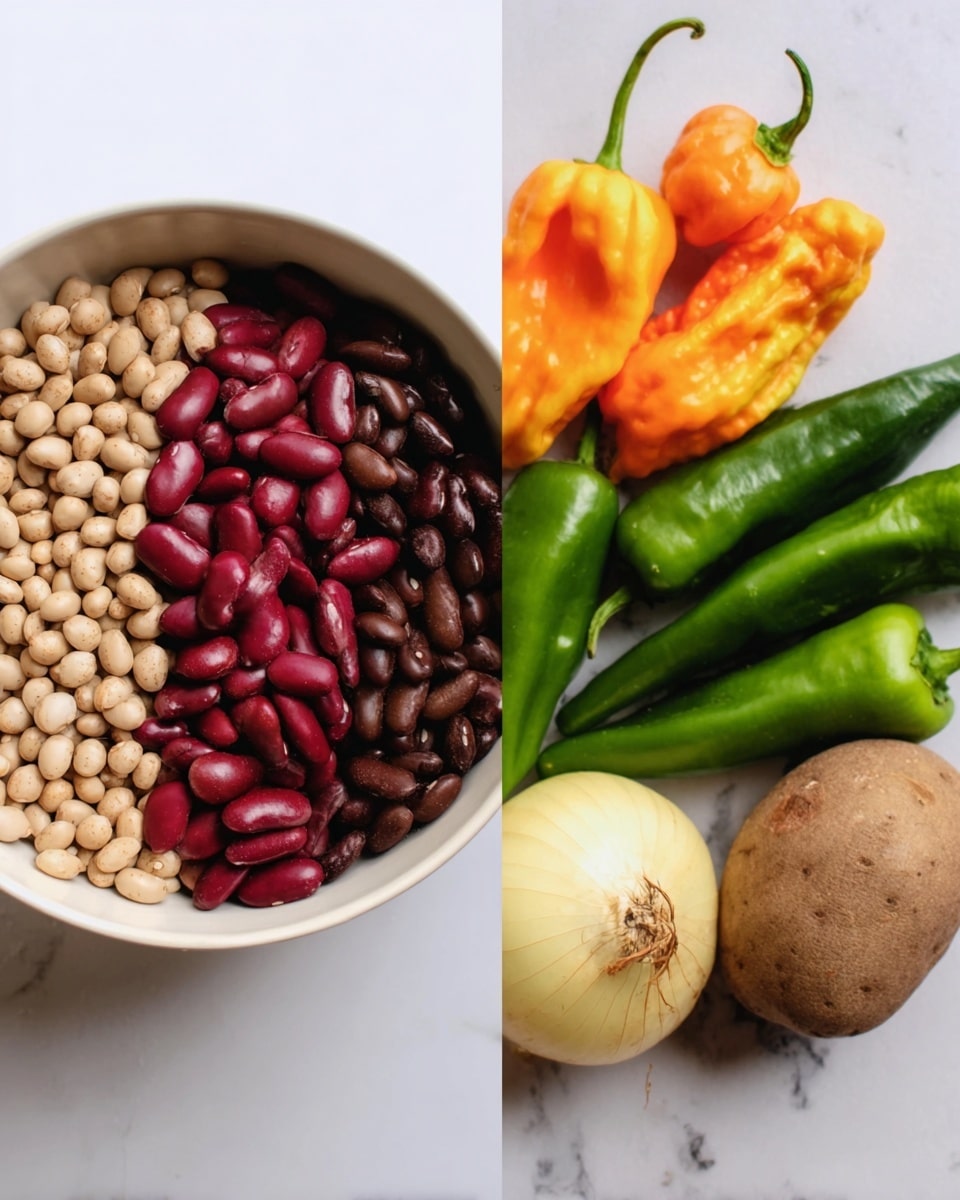 The image shows a white bowl filled with four layers of beans arranged from bottom to top. The bottom layer is red kidney beans with a smooth, shiny texture, followed by a layer of dark brown beans that have a matte finish. Above that is a layer of small, pale beige beans with a slightly rough texture, and the top layer is composed of light brown beans that look soft and round. The bowl sits on a white marbled surface. Next to the bowl on the right, there is a group of fresh vegetables arranged in a scattered manner on the white marbled surface. These include two long, light green chili peppers leaning to the left, one orange habanero pepper with a smooth, shiny skin in the center, four dark green chili peppers placed next to each other in a cluster, a whole pale yellow onion with a dry, papery outer skin, and a single light brown potato with a smooth texture. photo taken with an iphone --ar 4:5 --v 7