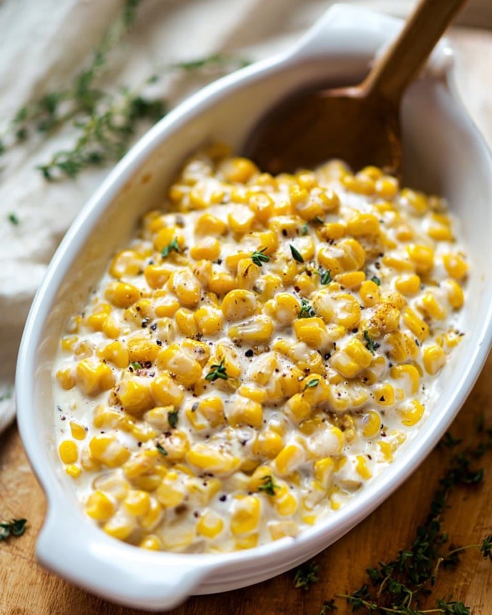 A white oval dish filled with creamy yellow corn kernels mixed with a smooth white sauce, topped lightly with small green herb leaves and black pepper specks. A wooden spoon rests in the dish on the right side. The dish is placed on a wooden surface with a few green herb sprigs scattered around. The background shows a blurred mixture of light colors. Photo taken with an iphone --ar 4:5 --v 7