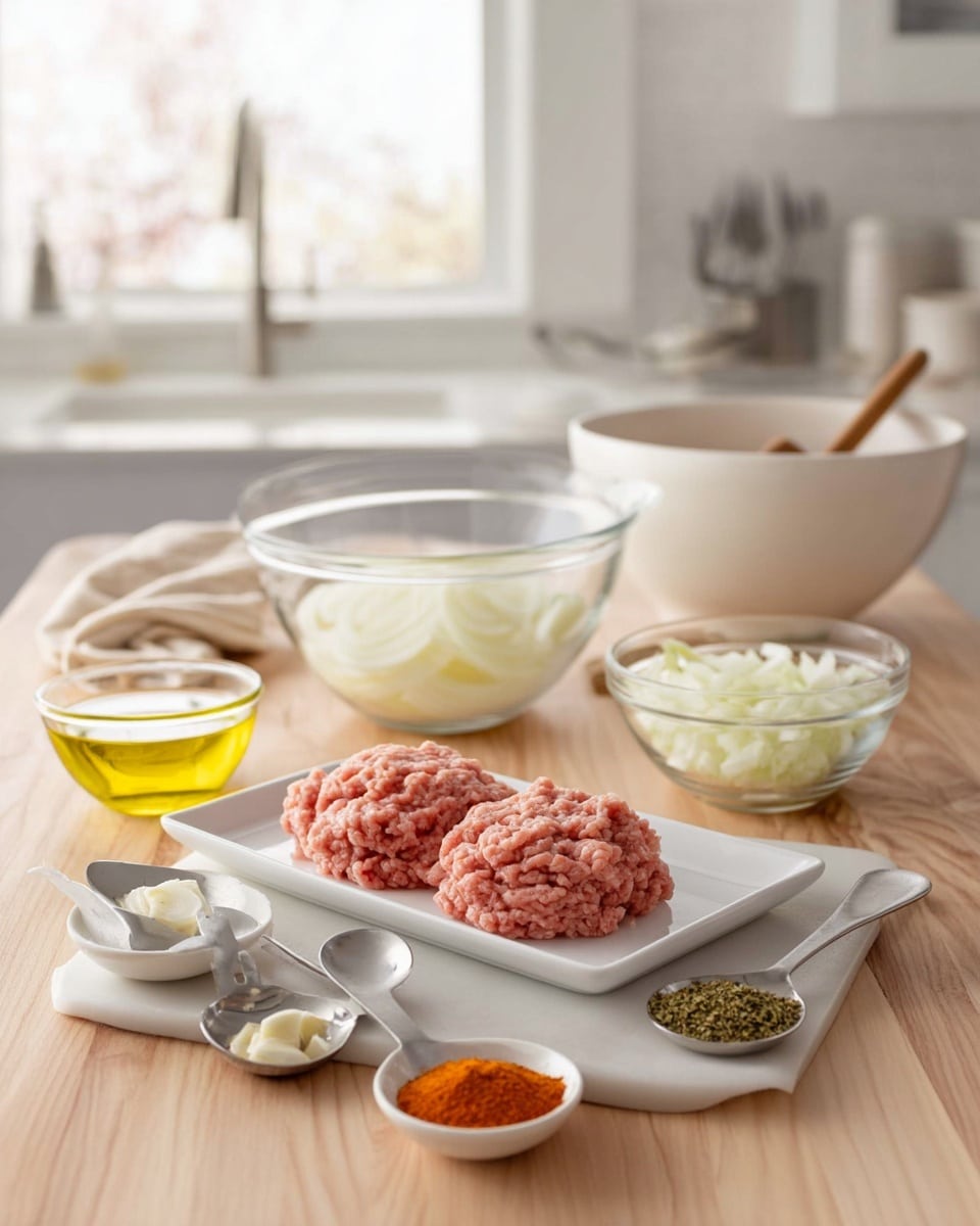 On a light wooden table with a white marbled background, there is a white rectangular plate holding two pink, softly textured mounds of raw ground meat centered near the front. In front of this plate, three small white dishes and two metallic measuring spoons are arranged: from left to right, a dish with finely chopped white garlic, a dish with bright red-orange powder, and two spoons containing yellow and green dried herbs. To the left, a small clear glass bowl holds golden olive oil. Behind the meat plate, on the right, a white bowl contains roughly chopped white onion pieces. Further back, there is a large empty white ceramic mixing bowl, a wooden spoon resting on the table, and a clear glass mixing bowl sitting on a folded beige cloth napkin. The entire scene is softly lit by natural light coming from a window over a white kitchen sink in the blurred background. Photo taken with an iphone --ar 4:5 --v 7
