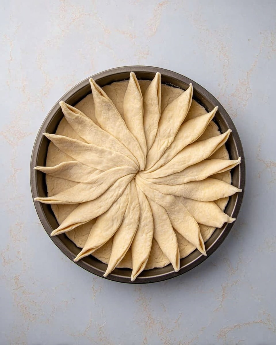 The image shows a round metal baking pan with a dark rim placed on a white marbled surface. Inside the pan, there are many long, thin, light beige dough strips arranged in a circular pattern, radiating outward from the center with the wider ends overlapping each other and the narrow ends pointing outward like petals. The dough strips have a soft, smooth texture with some slight folds. photo taken with an iphone --ar 4:5 --v 7