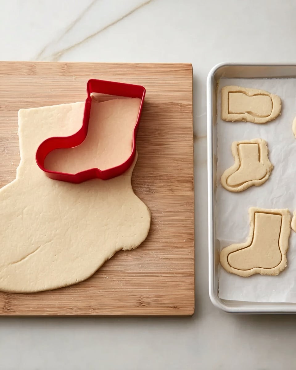 The image shows a wooden board with light beige dough rolled out flat on top. On the dough, there is a red cookie cutter shaped like a stocking pressed halfway into the dough, where three stocking-shaped dough pieces have already been cut out and are still inside the dough sheet. To the right of the board, on a white tray with parchment paper, there are three more stocking-shaped dough pieces already cut. The background is a white marbled surface. photo taken with an iphone --ar 4:5 --v 7