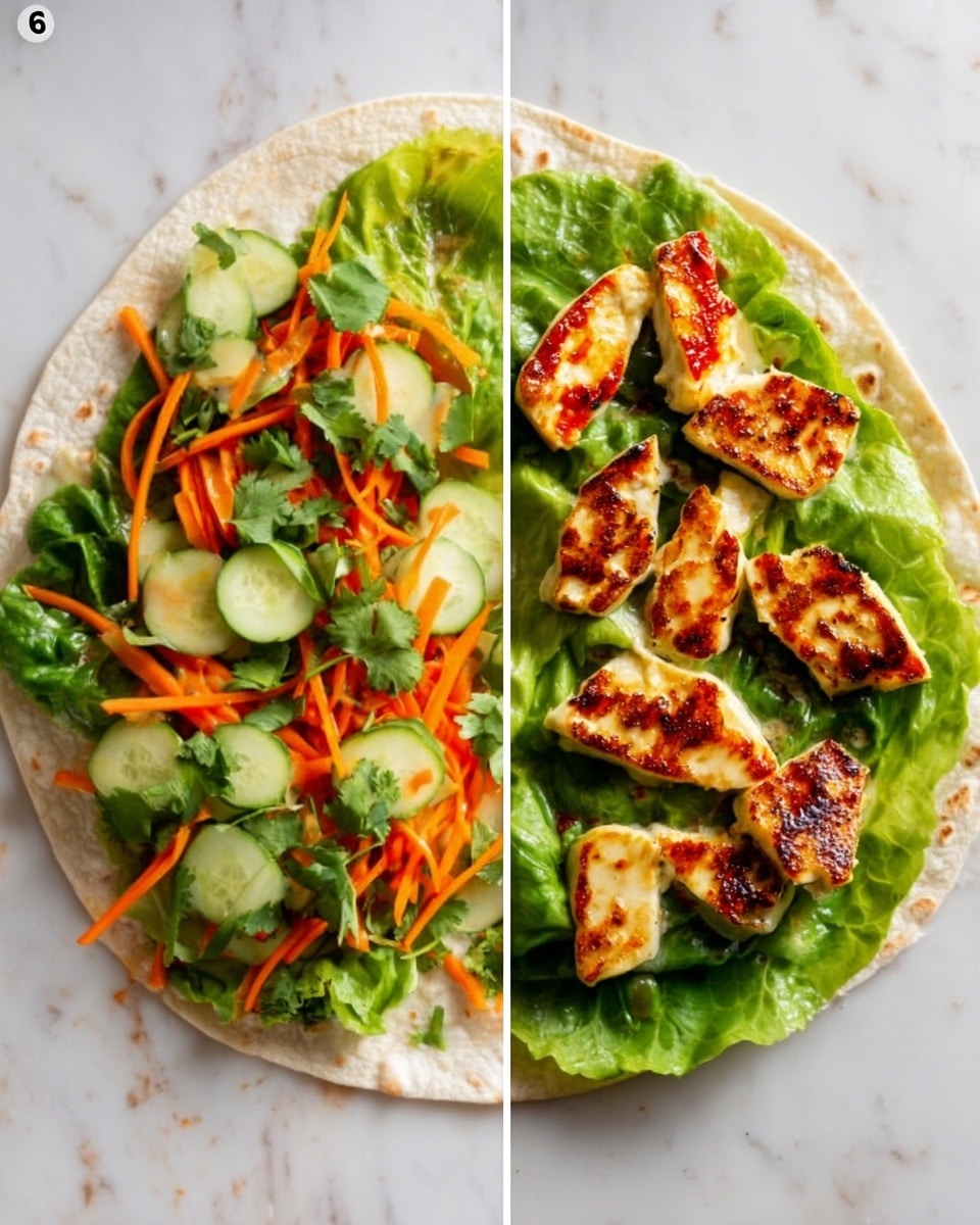 A white round flatbread lies flat on a white marbled surface, topped with a layer of leafy green lettuce covering half of the tortilla. On top of the lettuce, there is a second layer of thin bright orange carrot strips and light green cucumber slices arranged evenly. The third layer consists of small, irregularly shaped pieces of golden brown grilled cheese placed over the vegetables. Scattered fresh green cilantro leaves add a touch of color and texture on top. The edges of the flatbread remain visible around the colorful layers. photo taken with an iphone --ar 4:5 --v 7