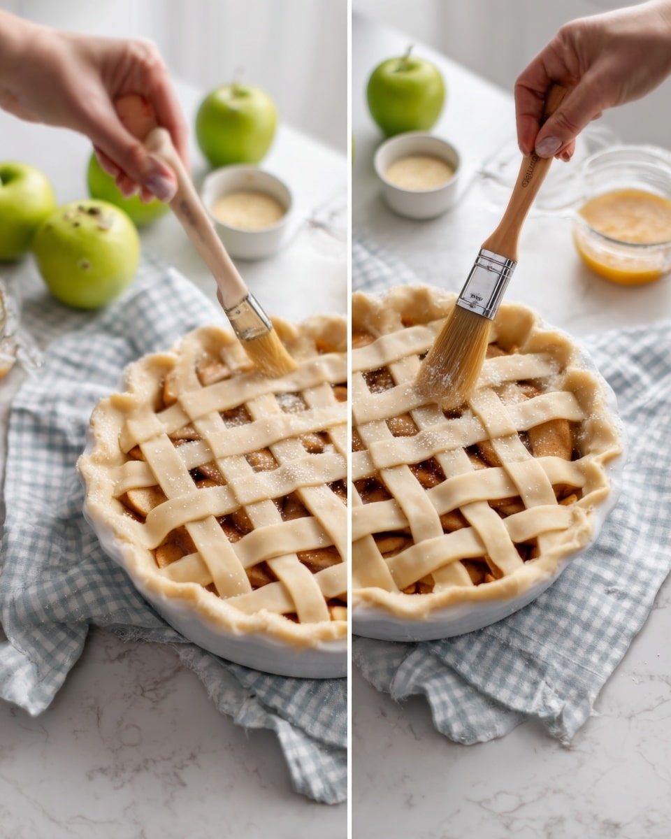 A white pie dish on a white marbled surface holds an uncooked lattice apple pie with golden dough strips woven on top. Inside the pie, the filling shows a warm, light brown color peeking through the dough. Around the dish are green apples and a small bowl of egg wash. In the first image, a woman's hand brushes the pie's top with egg wash using a light brown pastry brush, while in the second, a woman's hand sprinkles sugar over the pie using a small golden spoon. A light blue and white checkered cloth is placed under the dish on the white marbled surface. Photo taken with an iphone --ar 4:5 --v 7
