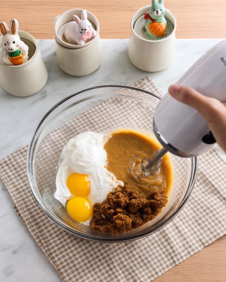 The first image shows a clear glass bowl on a white marbled surface with a checkered beige cloth underneath. Inside the bowl are various ingredients including three intact yellow egg yolks, a layer of white cream or yogurt on the left side, dark brown lumps, and light brown sugar or brown sugar mixture spread throughout. In the background, there are three white pots with small decorative carrot and bunny figures. The second image shows a woman's hand holding a white electric mixer inside the same clear glass bowl with the ingredients now partially mixed into a smooth light brown batter. The same pots and decorations are visible in the background. photo taken with an iphone --ar 4:5 --v 7