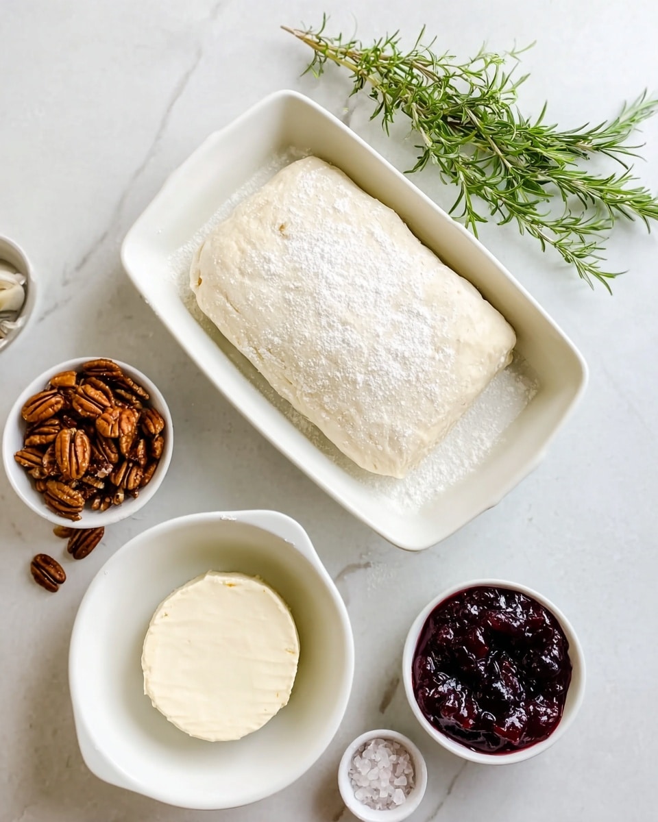 The image shows a white rectangular baking dish with a large block of frozen dough or pastry on top, lightly dusted with flour. Below the dish, there is a white bowl containing a round wheel of creamy cheese, next to a small bunch of fresh green rosemary on the white marbled surface. On the left side, a small white bowl holds whole pecan nuts, and below that, another small white bowl contains dark red jam or fruit preserve. In the bottom right corner, a tiny white bowl is filled with coarse salt crystals. The setting is clean and bright with a white marbled background. Photo taken with an iphone --ar 4:5 --v 7