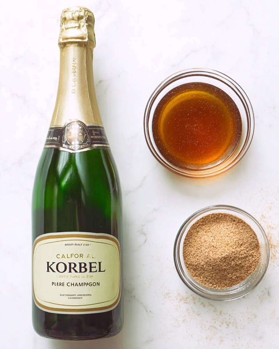 The image shows a close-up of a green champagne bottle with a cream and gold label that says