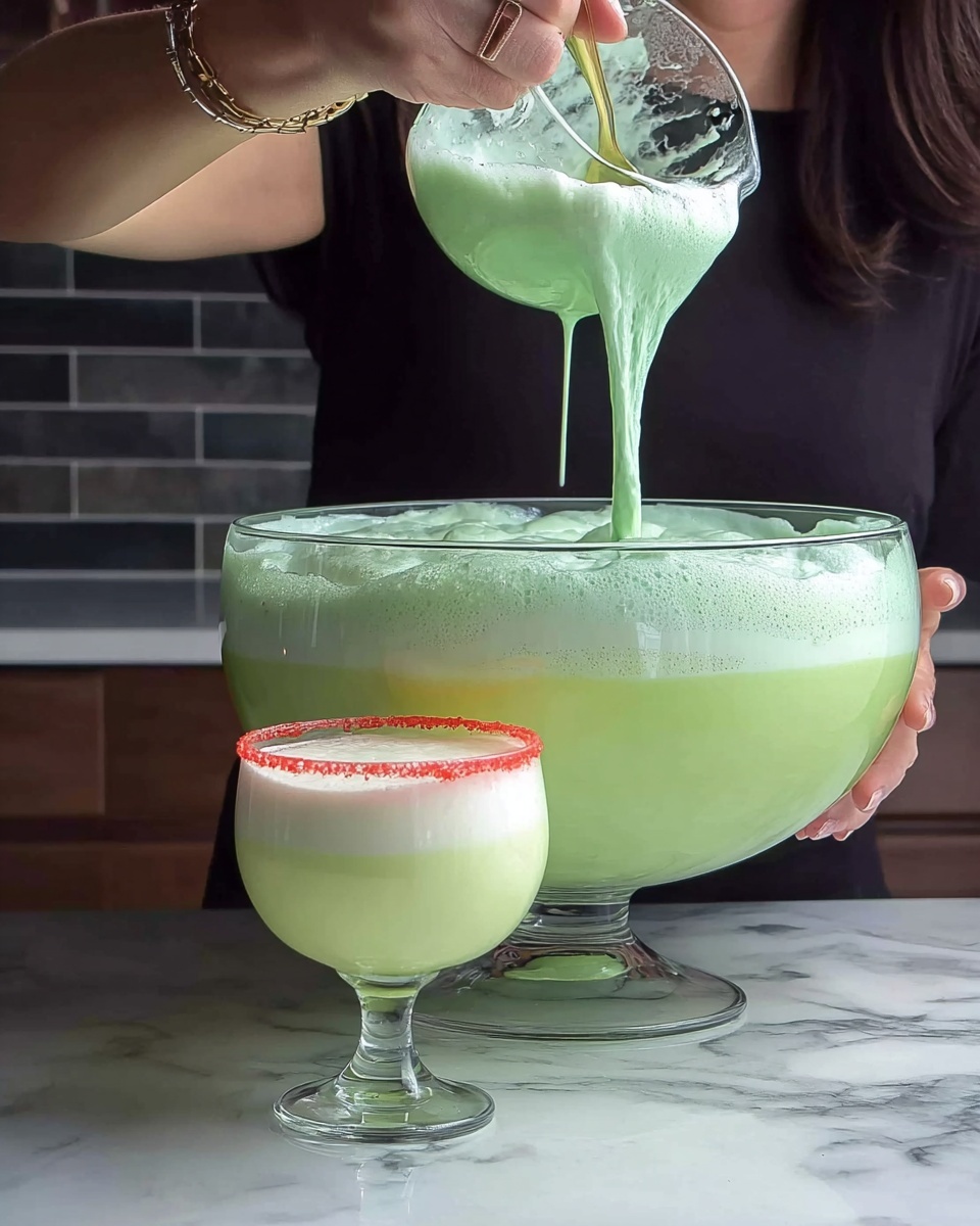 A large clear glass bowl filled with a thick, light green creamy mixture with a foamy top layer, placed on a white marbled surface. A woman’s hand is holding a clear glass goblet filled halfway with the same light green mixture and topped with a layer of white foam, with a bright red sugar rim around the edge. The other woman’s hand is pouring more of the green mixture with white foam from a clear glass ladle into the goblet, with some foam dripping down. The background shows a dark kitchen wall with a tiled backsplash. Photo taken with an iphone --ar 4:5 --v 7
