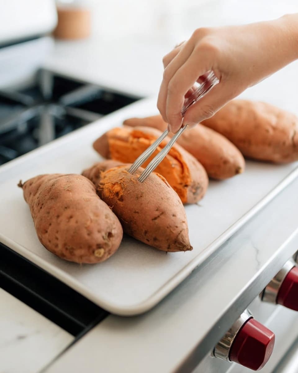 The image shows four whole sweet potatoes with rough, brownish-orange skin placed on a white rectangular tray. A woman's left hand is holding one sweet potato steady on the tray, while a woman's right hand is pressing a metal fork into the same sweet potato. The tray is set on a white stove with some red and silver knobs visible in the background. The scene is bright with soft, natural light, captured on a white marbled surface. Photo taken with an iphone --ar 4:5 --v 7
