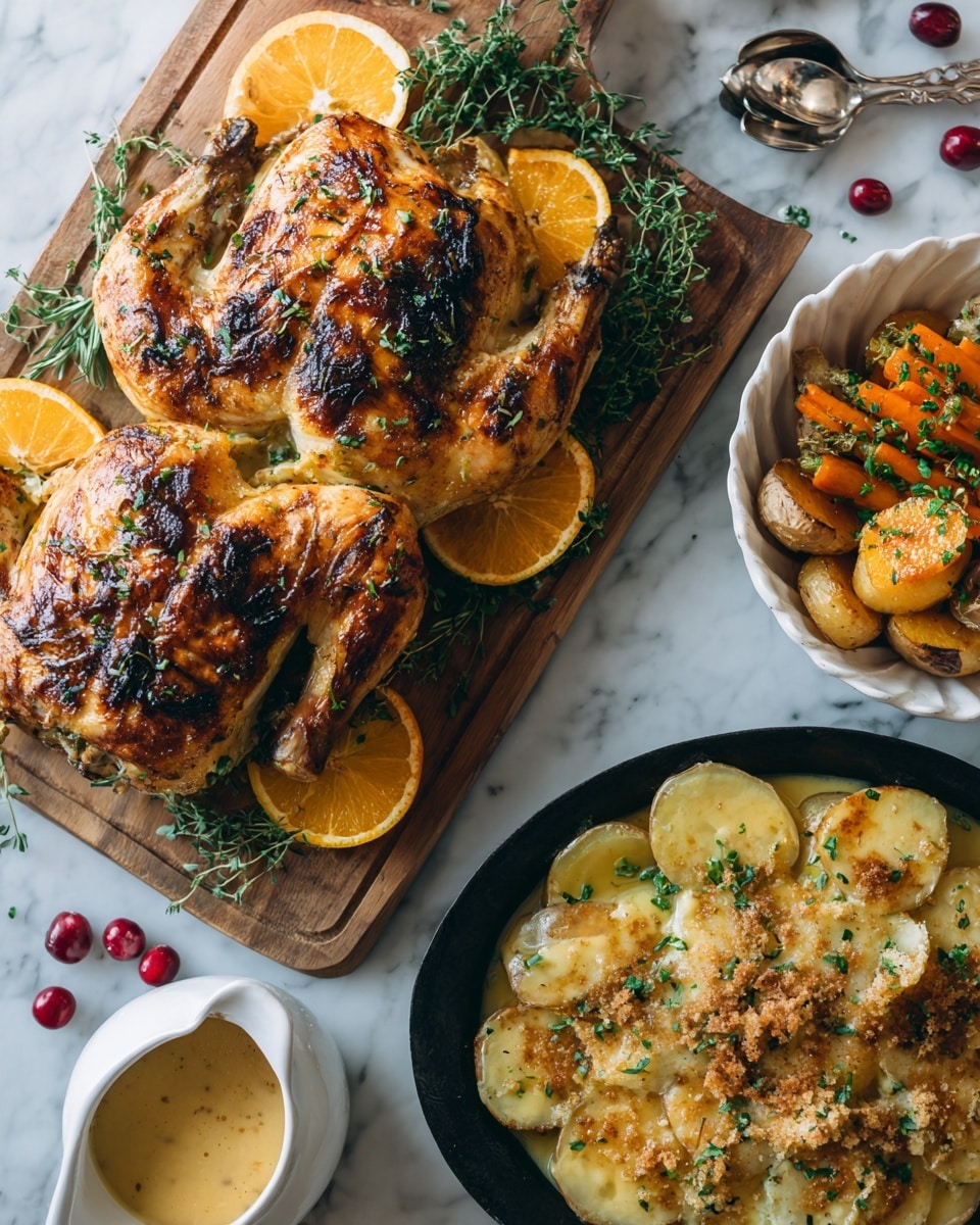 The image shows a roasted whole chicken split and laid flat on a wooden board, with a golden brown skin and some darkened char marks on top. The chicken is garnished with green herbs and orange slices placed on and around it. In the front, there is a black skillet filled with thin, round potato slices covered in a creamy sauce and topped with a browned breadcrumb crust. Behind the chicken, a white bowl holds cooked carrots sprinkled with green herbs. The scene is set on a white marbled surface with a cup of sauce, a silver serving spoon, and some cranberries scattered around, creating a warm and inviting meal presentation photo taken with an iphone --ar 4:5 --v 7