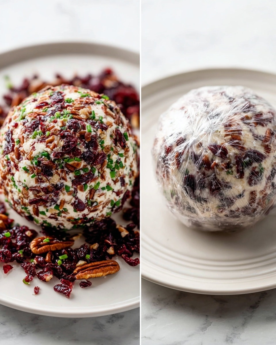 The image shows two views of a round cheese ball on a white plate with a white marbled surface background. The cheese ball has one main layer covered fully in chopped dark red dried cranberries, small brown pecan pieces, and tiny green chive bits, giving it a textured, colorful look. On the left, the cheese ball is uncovered, showing the detailed nuts and fruit overflowing around the plate. On the right, the ball is wrapped snugly in clear plastic wrap, sitting on a slightly wavy white plate, giving it a shiny surface look through the wrap. photo taken with an iphone --ar 4:5 --v 7