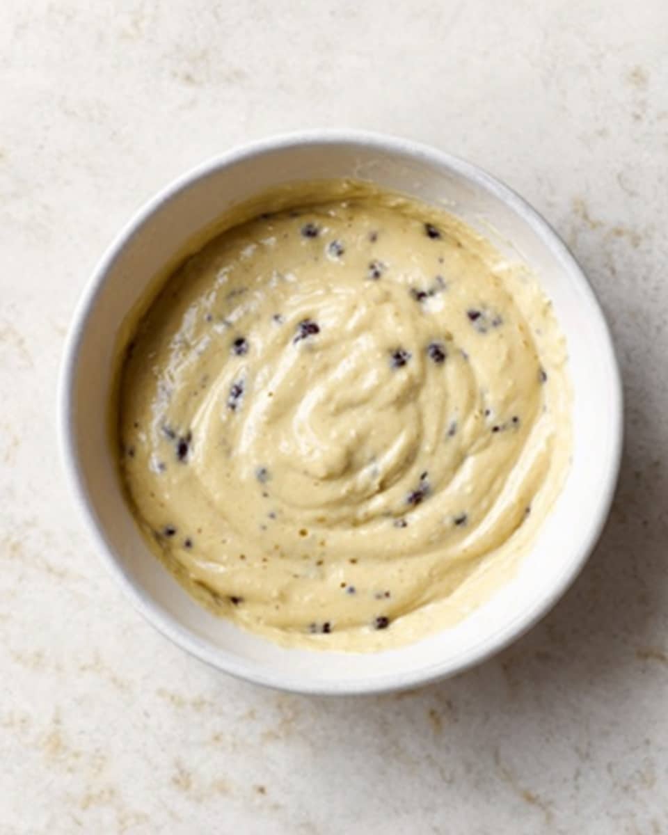 A round white bowl filled with a thick, creamy batter that has a smooth texture. The batter is pale yellow with small dark brown or black dots spread evenly throughout. The surface shows soft swirls and peaks, indicating it has been stirred gently. The bowl sits on a white marbled textured surface. photo taken with an iphone --ar 4:5 --v 7