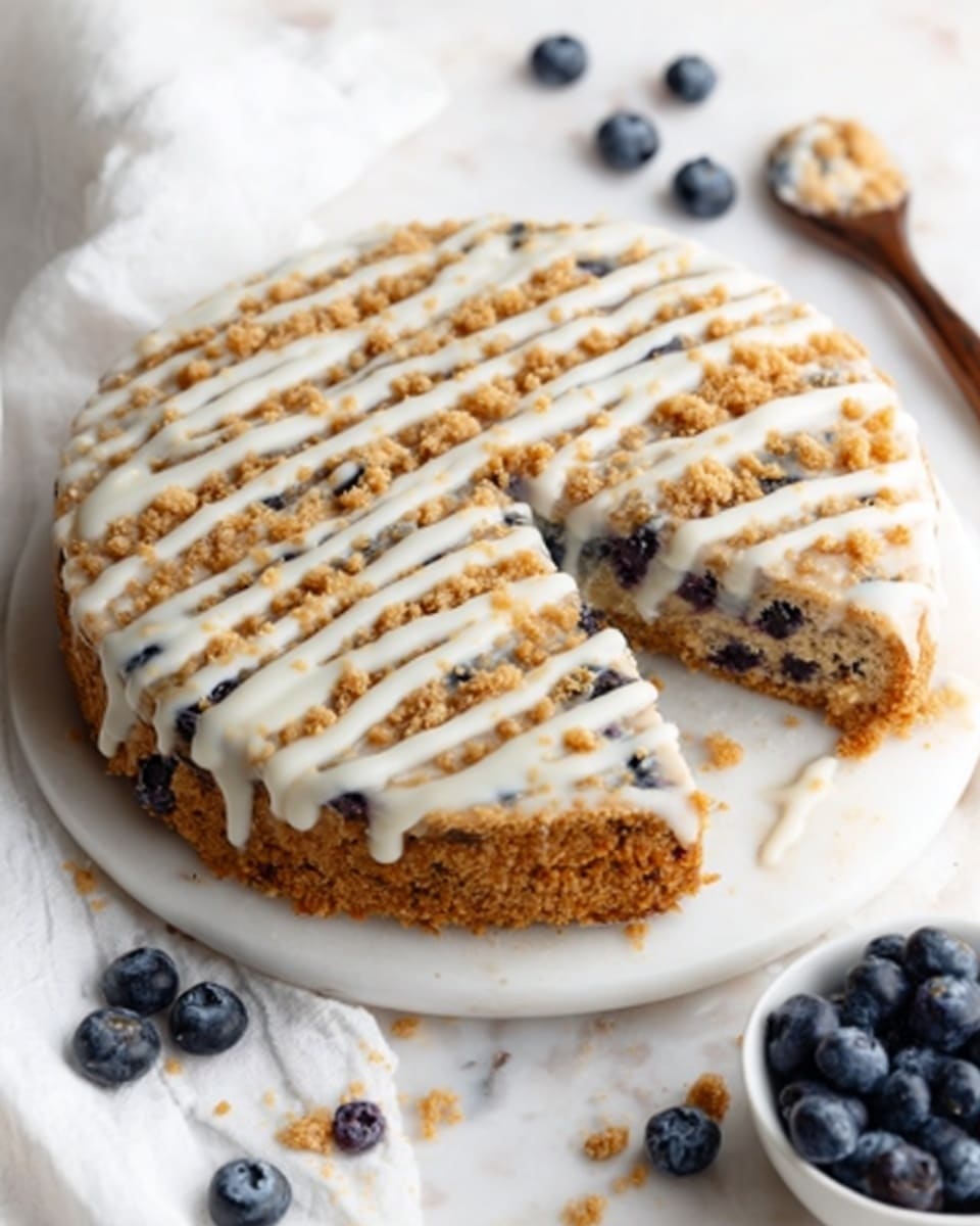 A round dessert with three visible layers sits on a white plate atop a white marbled surface. The bottom layer is golden brown with a crumbly texture, the middle layer is a darker mix with blueberries visible inside, and the top layer is a sprinkle of golden crumbs covered with thin drizzle lines of white icing spread diagonally across the dessert. Blueberries are scattered around the plate and in a white bowl nearby, with a white cloth partially under the plate. photo taken with an iphone --ar 4:5 --v 7