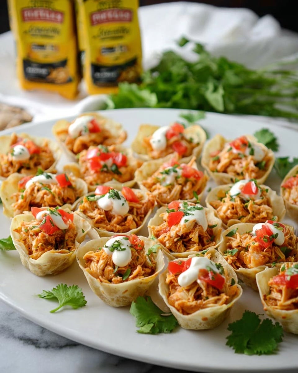 A white plate holds about fifteen small round tortilla cups filled with shredded orange chicken mixed with spices, topped with small dollops of creamy white sauce and tiny diced red tomatoes. The tortilla cups have a light brown, slightly crispy texture with some bubbling on the edges. They are arranged neatly in rows, with green parsley pieces sprinkled on top and some fresh green cilantro leaves placed on the white marbled surface around the plate. In the background, two yellow seasoning mix packets slightly blurred stand upright. Photo taken with an iphone --ar 4:5 --v 7