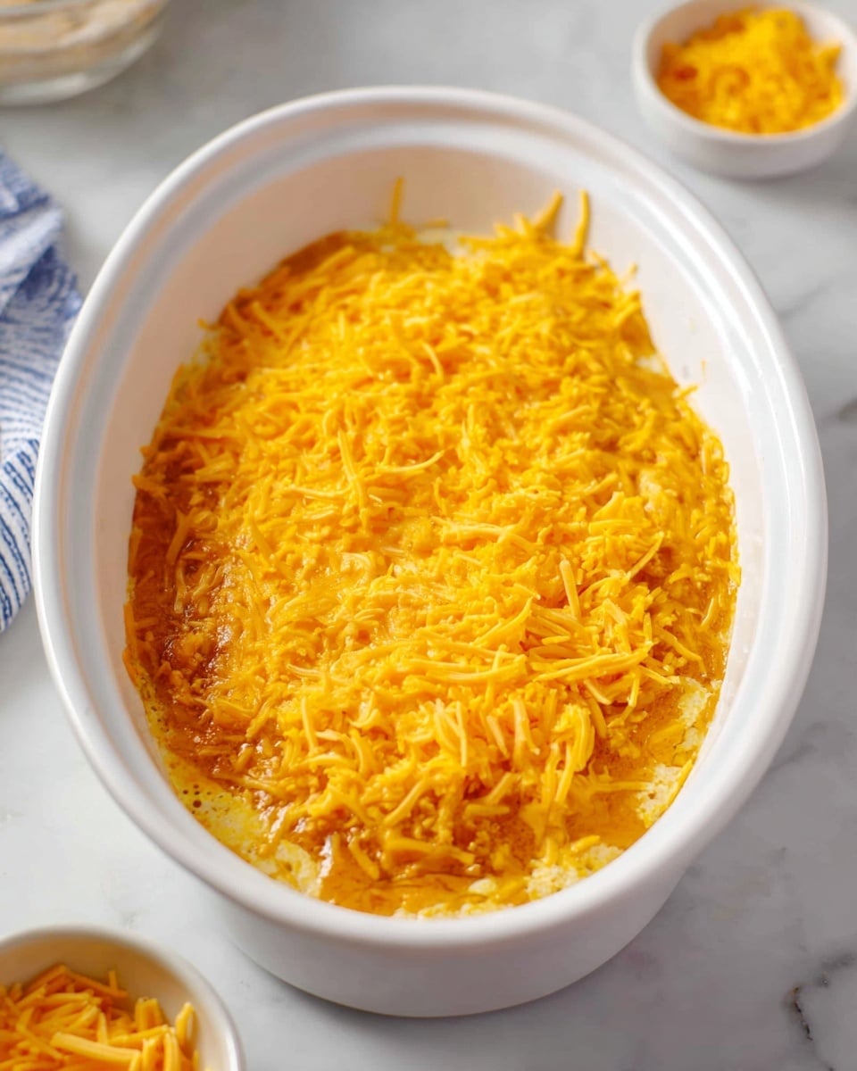 An oval white dish filled with a thick layer of melted yellow-orange shredded cheese covering a creamy, golden-brown baked base that looks smooth and soft, with some browned edges visible under the cheese. The dish sits on a white marbled surface with soft natural lighting highlighting the textures. Nearby, there are small white bowls with more shredded cheese visible in the frame. Photo taken with an iphone --ar 4:5 --v 7