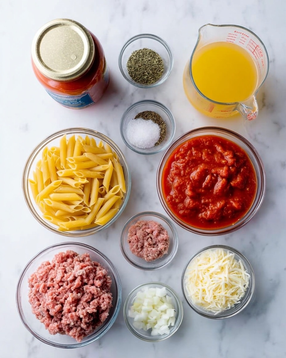 The image shows nine clear glass bowls and a jar arranged neatly on a white marbled surface. Starting from the top left, there is a jar of red pasta sauce with a beige lid. To its right, three small bowls hold dried green herbs, black pepper, and white salt, aligned in a row. Below these, a medium bowl is filled with uncooked yellow penne pasta. Next to it, on the right, another medium bowl contains chunky red tomato sauce. On the far right, a clear measuring cup is filled with a yellow liquid, likely broth. In the bottom row, three small bowls hold raw ground meat with a pinkish color, finely chopped white onions, and shredded white cheese. Lastly, a tiny bowl contains minced garlic on the far right. The whole setup looks organized on the white marbled background. photo taken with an iphone --ar 4:5 --v 7