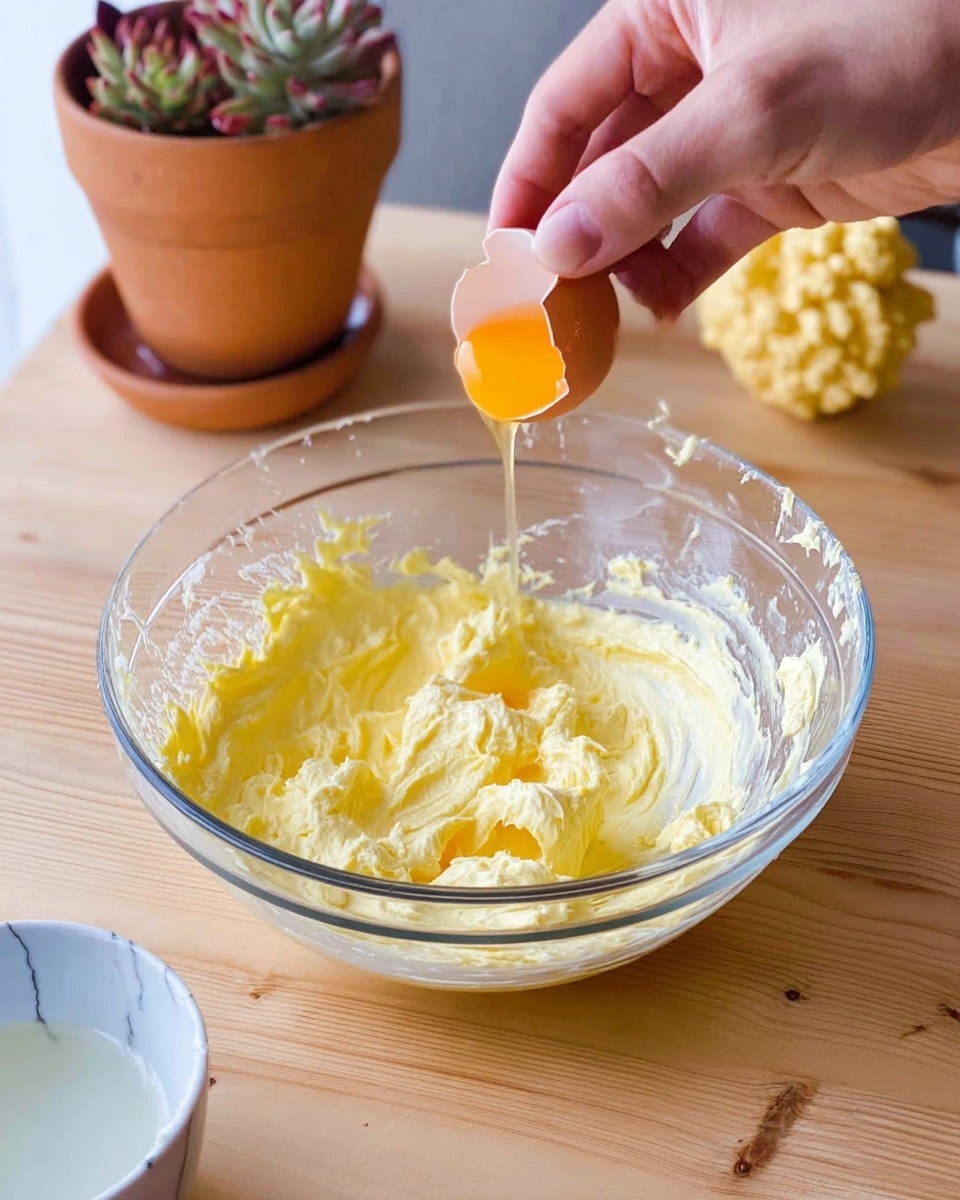 A clear glass bowl sits on a light wooden surface with a white marbled texture visible nearby; inside the bowl is a thick, creamy yellow mixture with a soft, whipped texture spread unevenly around. Above the bowl, a woman's hand is cracking an orange-yellow egg yolk, with some egg white dripping gently into the mixture. In the background, there is a small terra cotta pot with green and reddish-brown succulent plants, and a pale yellow textured flower or decorative item to the right. A small white bowl with some liquid inside is partly visible in the bottom left corner. photo taken with an iphone --ar 4:5 --v 7